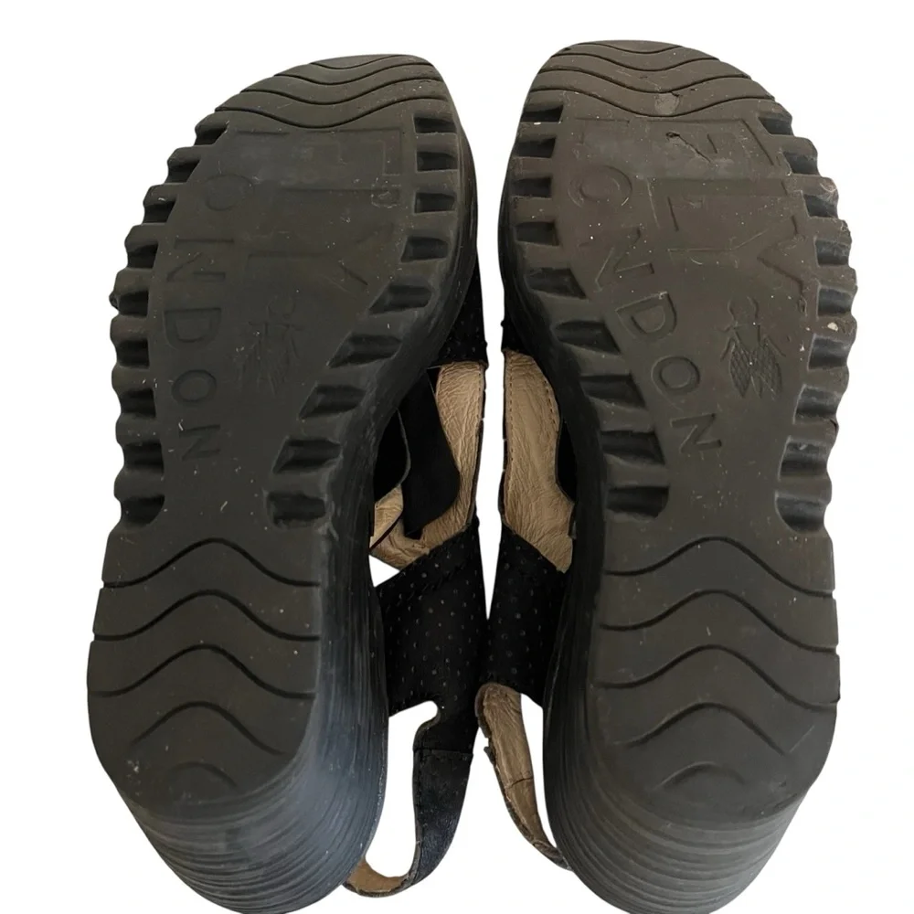 Fly London Black Perforated Leather Tie Yiva Wedge Sandal 39(8-8.5)